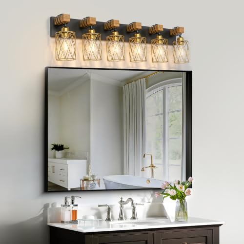 Image of IZORRO Farmhouse Bathroom Vanity Light, 6-Light Wood Bathroom Light Fixtures Over Mirror, Black and Gold Industrial Vanity Lights with Metal Shade, Rustic Restroom Lighting Fixtures