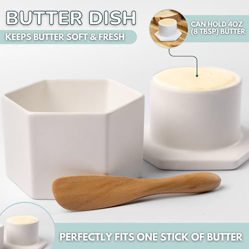 French Butter Crock W/Lid & Wood Spreading Knife - White Bell Shape Butter Keeper For Counter - Modern Hexagon Shape Butter Dish - Stoneware Butter Crock - Dishwasher Safe Bell Style Butter Storage #TOP3