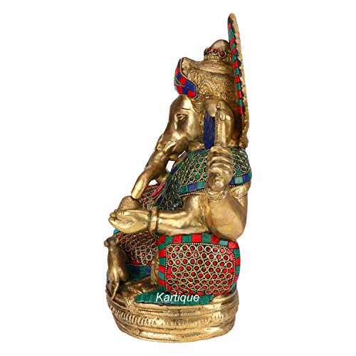 Image of Kartique Brass Ganesha Idol Sitting Stone Inlay Multicolor 13 Inch