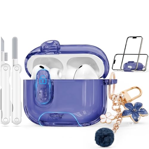 Image of for AirPods Pro 3 Case 2025 with Safety Lock,Midnight Blue | Clear Case with Phone Stand & Cleaner Kit,Cute Floral Chain for Women Girls,Soft TPU Protective Cover,Shockproof