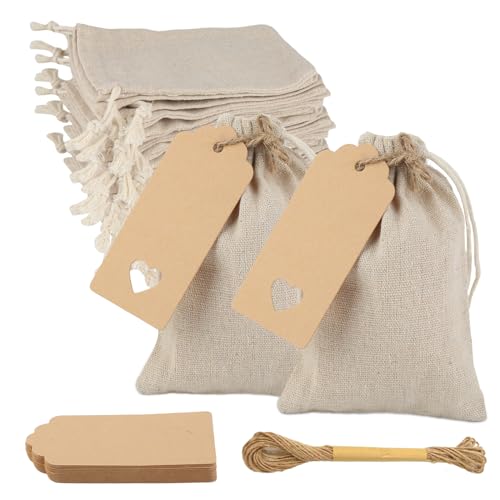 25 Sachets de Pochon Tissu，Sachet Tissu calendrier de l'Avent avec cordon de serrage et étiquette cadeau，Petit Sachet Tissu réutilisables en coton pour...