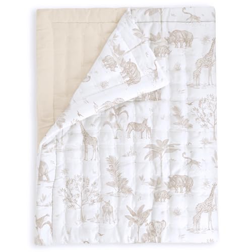 Image of MakeMake Organics Organic Baby Comforter GOTS Certified Organic Kids Blanket Cotton Infill Tufted - Reversible Ultra Soft Breathable Boys Girls (30 inchx40 inch, Safari + Solid Oat)