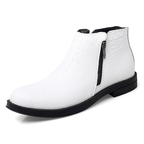 Men's Genuine Leather Alligator Printed Low Heel Ankle Boots Fashion Round Toe Side Zipper Business Dress Booties for Office Work