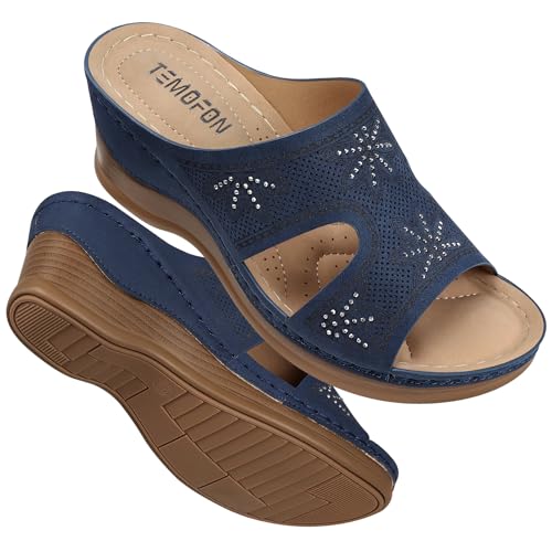 Image of TEMOFON Women Wedge Sandals Dressy: Comfortable Lightweight Summer Shoes | Low Wedge Heel - Fit Wide Feet - Comfy Stylish Slip on Sandals Size 5-11