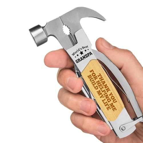 Product Image of the Multitool Camping Hammer for Men - Multi Purpose Gifts for Grandpa with Engraved Sentiments and Carrying Case - Stainless Steel and Pine Wood - Perfect for Camping Trips and Home Project