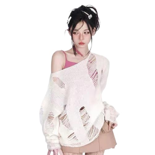 Women's Grunge Off Shoulder Sweater - Ripped Distressed Punk Knitted Pullover, Oversized Slouchy Long Sleeve Top