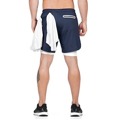 FSVABY Mens 2 in 1 Running Shorts Light Weight Workout Yoga Gym Shorts with Towel Loop (Navy, X-Large)