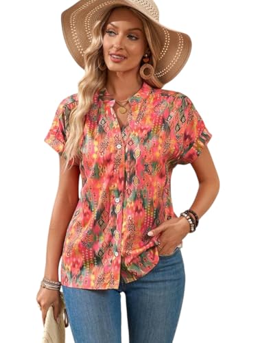 Image of LIRIT Women Orange Printed Button-Down Shirt | Short Sleeves, Collared Neck & Casual Fit | Women's Shirt & Top