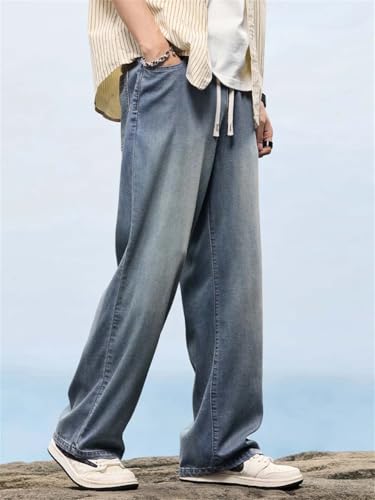 Hndudnff Men's Summer Thin Baggy Jeans Fashion Straight Wide Pants Stretch Denim Trousers4