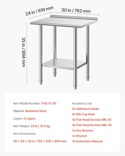 Image of VEVOR Stainless Steel Work Table, 24x30 Inch Food Prep Table with Backsplash, Commercial Kitchen Workstation with Adjustable Undershelf, Metal Heavy Duty Utility Worktable, for Restaurant Home Outdoor