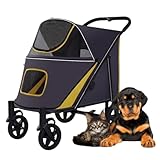 JIQHOHX Large Dog Strollers Luxury Pram Premium Pet Pushchair 4 Wheel Pet Stroller for Cat Dog and More, Foldable Carrier Strolling Cart Pet Dog Stroller Carriage for Large Dogs (Yellow)