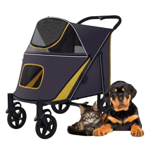 JIQHOHX Large Dog Strollers Luxury Pram Premium Pet Pushchair 4 Wheel Pet Stroller for Cat Dog and More, Foldable Carrier Strolling Cart Pet Dog Stroller Carriage for Large Dogs (Yellow)