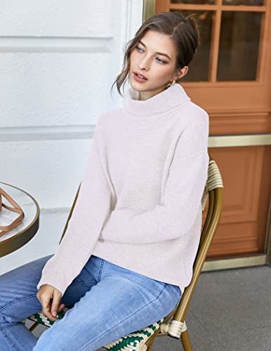Soteer Women Turtleneck Long Sleeve Sweater Loose Cable Knit Pullover Tops White #TOP3