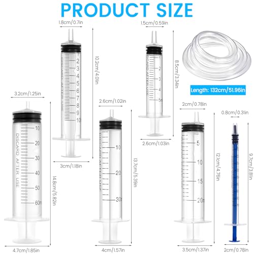6-teiliges Spritzen-Set, 1 ml, 5 ml, 10 ml, 20 ml, 30 ml, 60 ml mit Schlauch, wiederverwendbar, für Labor, Tierfütterung, Pflanzenbewässerung und Dosierung von Flüssigkeiten