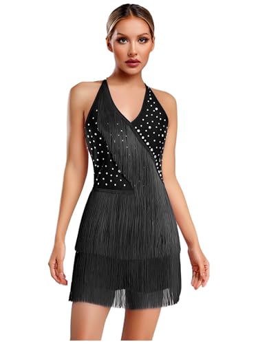 TTAO Mono de gimnasia latino con flecos para mujer, con espalda descubierta, jazz, cha, samba, salsa, Negro , L