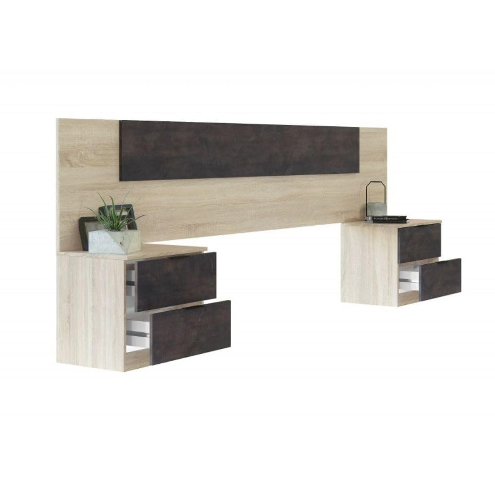 Mobelcenter, Conjunto Dormitorio Matrimonio Oxido, Color Roble Canadian y Oxido, Cabezal para Camas de 135 y 150 cm, 2 Mesitas de 3 cajones, Armario 3 Puertas 3 Cajones y Cama con 4 cajones (P0021)