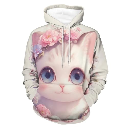 Pullover chat blanc et fleurs roses idéal pour vos sorties urbaines en taille S