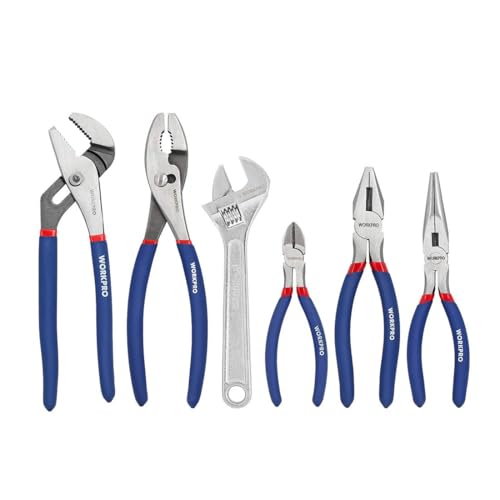WORKPRO Large Pliers & Wrench Set 6-Piece (10″ Water Pump, 10″ Slip Joint, 8″ Long Nose, 8″ Linesman, 6″ Diagonal, 8″ Adjustable Wrench) for DIY & Home Use, W001329A