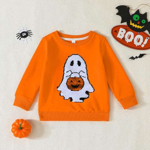 Noubeau Toddler Girls Halloween Sweatshirt Boys Sequin Ghost Ruffle Sleeve T-Shirt Pullover Tops Kids Fall Winter Clothes2