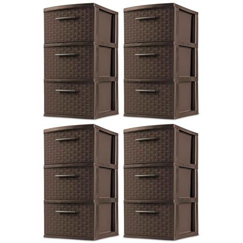 Image of Sterilite 3 Drawer Storage Tower, Plastic Decorative Weave Organizer Drawers for Dorm, Closet, Bedroom, or Craft Room Organization, 4 Pack, Espresso