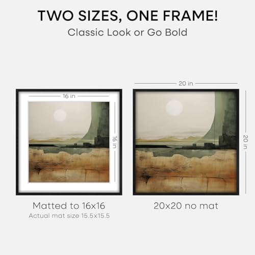 Image of Homeforia 20x20 Black Wood Frame, High End Oak 20 x 20 Square Picture Frames with Mat 16 by 16 inches Photo, 20by20 Black Wooden Poster Frames Matted to 16x16 Print, Tempered Glass, Wall Kit, Set of 1