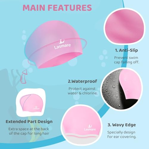 Kids Long Hair Swim Cap for Girls Boys, 3 Size Silicone Swimming Cap for Age 1-15 Toddler Children Teens, Waterproof Swim Hats Bathing Caps with Ear Plugs & Nose Clip to Keep Hair Dry(Age 8-15/Mint)