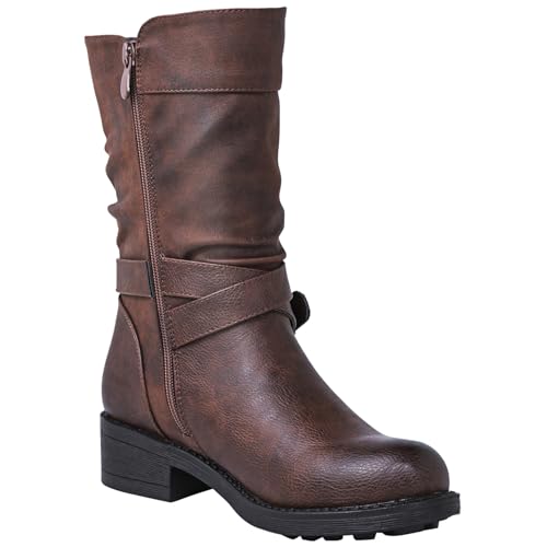 GLOBALWIN Women's Mid-Calf Boots Round Toe Zip-Up Slouch Booties with Buckle Strap Casual Spring Fall Winter Brown Boots For Women With low Heel Comfortable For Walking Size 7M - image 4