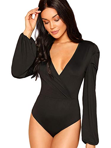 SweatyRocks Women s Sexy Deep V Neck Bodysuit Bishop Long Sleeve Bodysuits Jumpsuits Black L