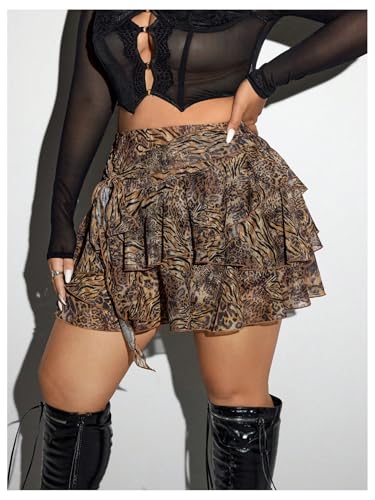 Verdusa Women's Plus Size Y2K Leopard Print Layered Ruffle Skirt Tie Knot Party Club Mini Skirts3