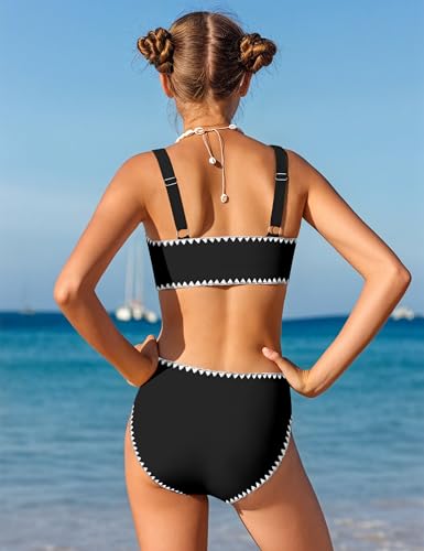 Image of KANGKANG Girls Swimsuit Bikini Set Solid Color V-Neck Two Piece Bathing Suit with Chest Pad Adjustable Straps Swimwear 7-16T