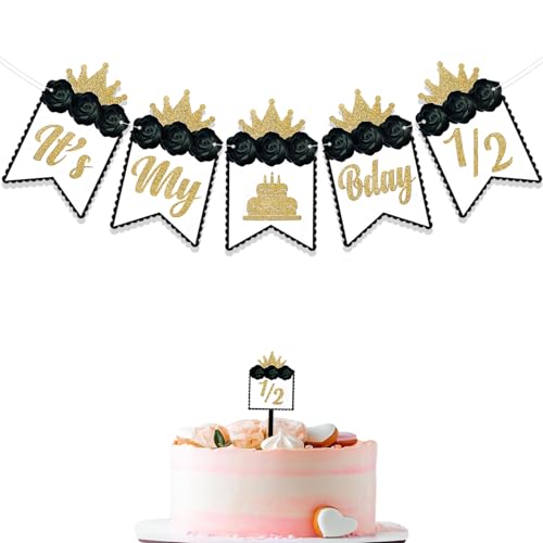 Image of Rozi Decoration Its My Half Birthday Black Banner Pack of 1 Set Happy Birthday Half Month Banner Decorations | Its My 1 /2 Birthday Banner | Its My Half Birthday Banner