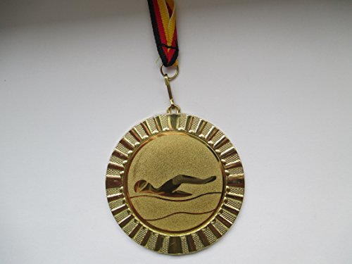 Fanshop Lünen Medaillen - Große Metall Medaille 70mm - (Gold) - Schwimmen - Schwimmensport - mit Alu Emblem 50mm - (Gold) - mit Medaillen-Band - (e107) -