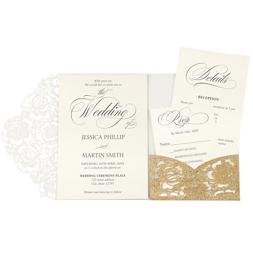 Invitaciones de boda cortadas con láser doradas con sobres Doris Home para aniversarios de gala
