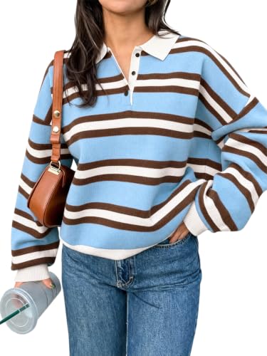 Tankaneo Sweaters for Women Striped Polo Sweater Casual Pullover Knit Tops