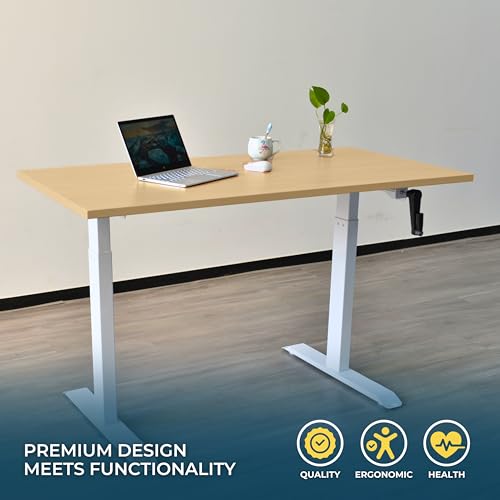 Image of Manual Height Adjustable Desk | 120x60 cm Sonoma Light Top, 18mm Thick | White Frame | 60kg Capacity | Smooth Hand Crank | 2-Year Warranty | Sturdy Steel Frame | Ergonomic Home & Office Use
