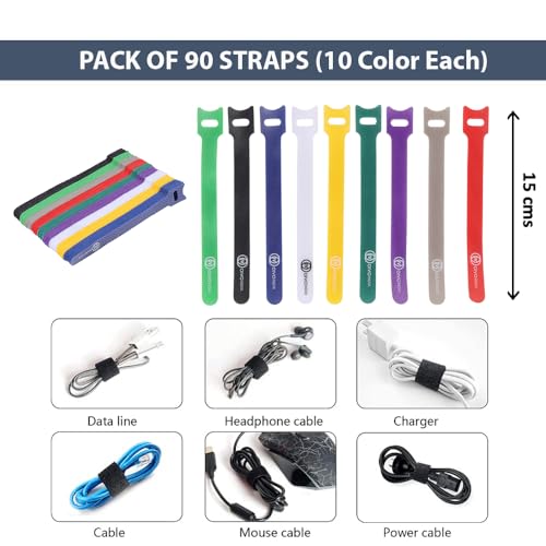 Image of OIVO INDIA 90 Piece Cable Organizer Strap Tape - Wire /Cord Holder Management Straps - Reusable Hook & Loop Ties for PC, TV, Desk, WFH Accessories - Multicolor