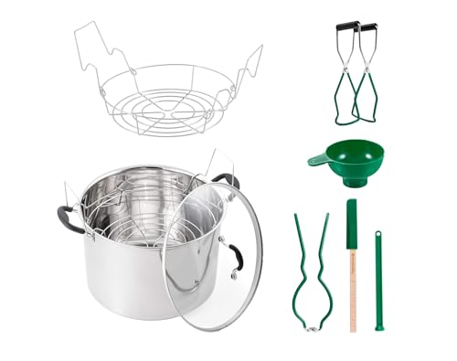 Water Bath Canner 7-Piece Set, Includes Stainless Steel 21.5Qt Induction Capable Canner with Glass Lid, + 1 Stainless Steel Prep-N-Cook Canning Rack, + 1 Jar Wrench, + 1 Bubble Remover, + 1 Lid Lifter