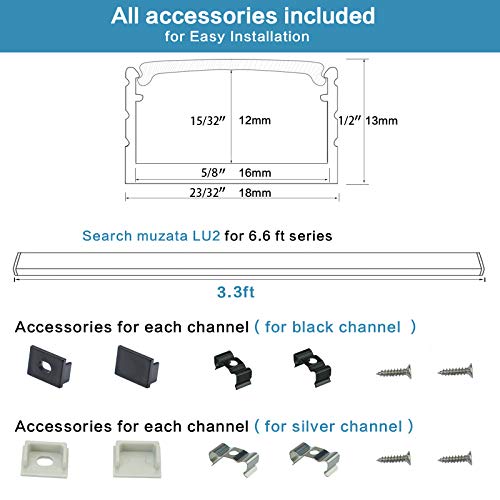 Muzata Silver LED Channel with Spotless Milky White UV-Protection Frosted Diffuser Cover,16mm Super Wide Aluminum for Waterproof Strip Light-Philips Hue Plus 5Pack 3.3Ft U103 1M WW,LU2 LP1 LN1 LW1