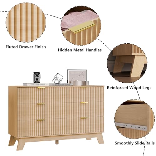 Image of 6 Drawer Dresser for Bedroom, Fluted Dressers Chest of Drawers with Gold Handle, Mid Century Modern Dresser for Closet, Wood Closet Storage Organizer Furniture for Bedroom, Living Room, Natural