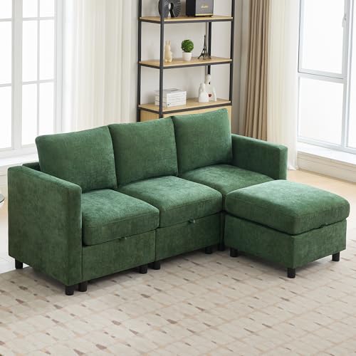 WUTUTUEE 83' Modular Sectional Sofa Convertible L Shaped Couch Set for Living Room, 4 Seat Storage Modular Sofa with Movable Ottoman, Chenille Dark Green