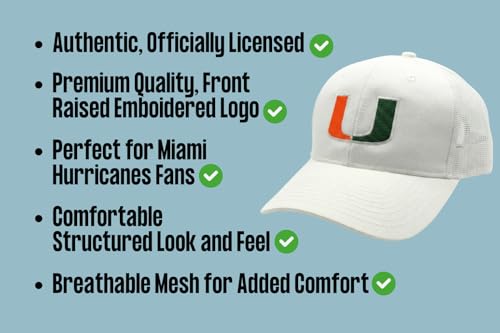 Officially Licensed University Miami White MVP Mesh Trucker Hat Classic Hurricanes Primary Team Logo Adjustable Snapback Baseball Sports Cap