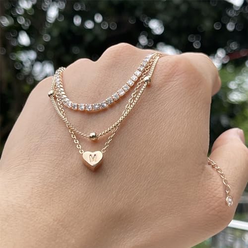 Image of Initial Ankle Bracelets for Women, Dainty Gold Layered Heart CZ Bead Anklets, 14K Gold Plated Waterproof Summer Beach Jewelry Set
