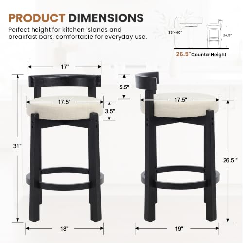 Image of LukeAlon Mid Century Linen Counter Stools Set of 6, Upholstered 26.5 inch Seat Height Low Barstools with Black Wood Legs Round Low Back Kitchen Stools with Footrest for Dining Room Restaurant, Beige