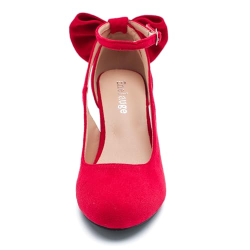 Enelauge Women's Mary Jane Bow Closed Toe Vintage Pumps Low Kitten Heel Retro Ankle Strap Buckle Comfortable Vintage Wedding Evening Party Dress Office Work Church Shoes2