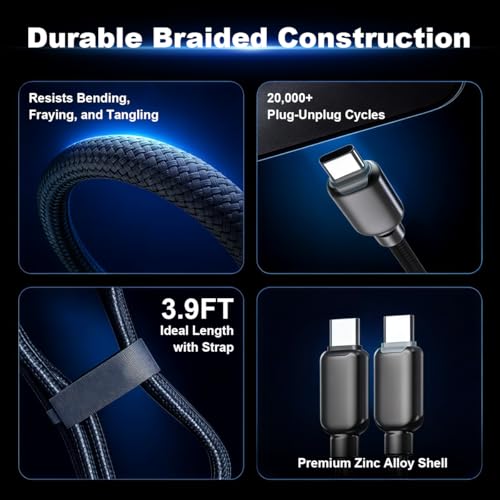 Image of Verilux PD 240W Type C Cable Fast Charging with TFT Color Screen, 480Mbps Data Cable C Type Fast Charging with Nylon Braided, Compatible for iPhone 17 /16 /15, Galaxy S26 /S25, MacBook, 1.2M