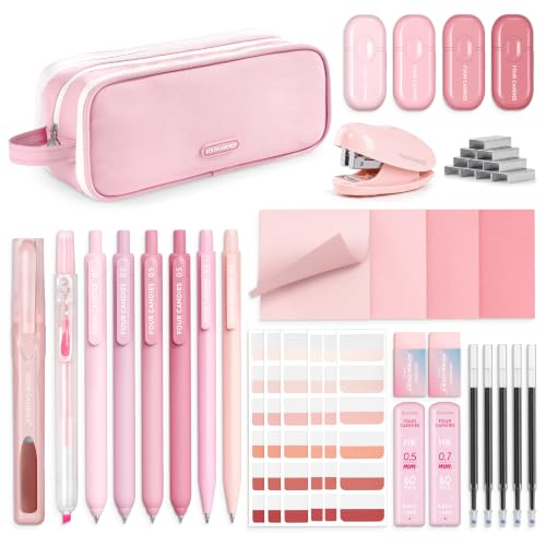 Four Candies Pink Stationery Set with Stapler, Pencil Case with Supplies