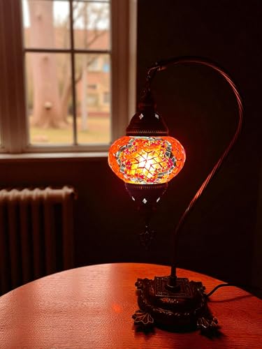 Lightza Handmade Turkish Moroccan Mosaic Desk Lamp LED Bulb | Swan Neck Unique Globe Lampshade Table Light | UK Tested Safe Energy Efficient (Golden and Red Star)