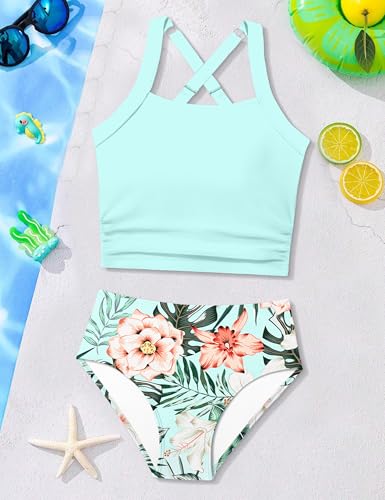 Image of Girls Tankini Swimsuit 2 Piece Bathing Suit Twist Cross Back Cutout Swim Tank Top Floral Print Swimwear for 7-18Y