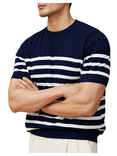 Men's Striped Sweaters Color Block Short Sleeve Crew Neck Knit Top