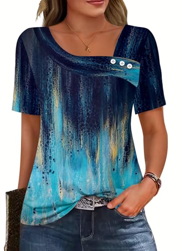 Soesdemo Womens Summer Tops Asymmetrical Neck Short Sleeve Button Dressy Casual Lightweight Tunic T Shirts Blouse